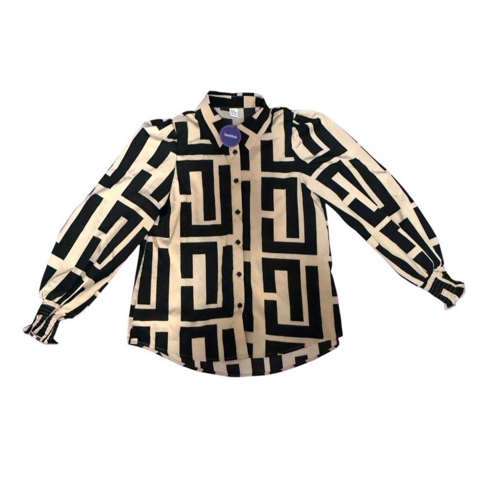 Sweaty Rocks Smocked Long Sleeve Geometric Print Button Down Top Size XS NWT